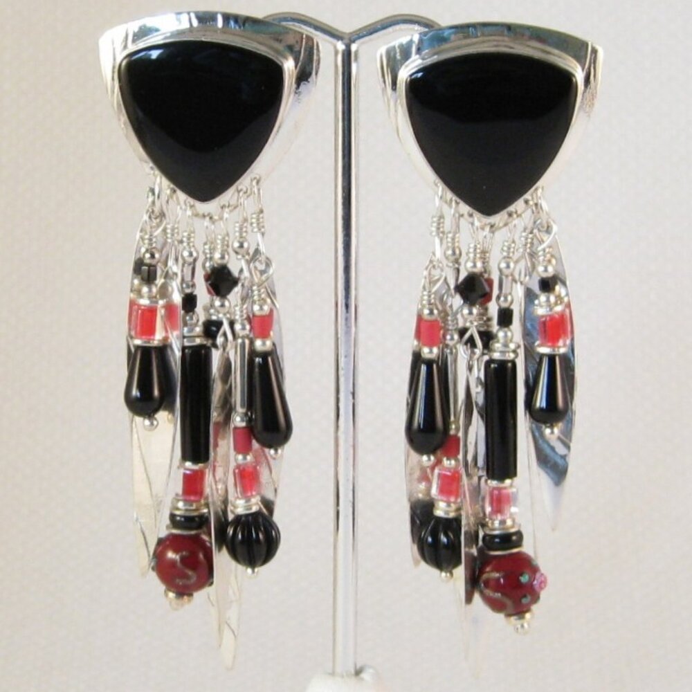 TABRA Black Onyx Shield & Spear Chandelier Earrings